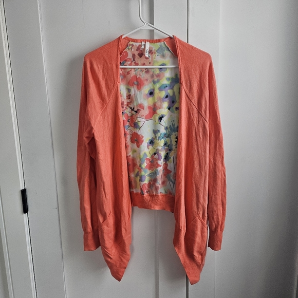Women Coral Open Cardigan Soft Knit Chifon Floral Back Asymmetrical Siz L Cotton - Picture 2 of 7